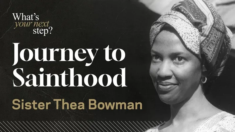 Black and white portrait of Sister Thea Bowman wearing a patterned headscarf and smiling. The text on the image reads, Journey to Sainthood, Sister Thea Bowman.